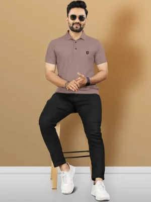 Men Solid Polo Neck Polyester Brown T-Shirt